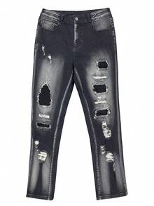 Jeans ajustados y rasgados para hombres, pantalones de mezclilla elástica con pierna acampanada, bajo deshilachado y bolsillos en sesgo, casual y versátil - Negro - Ver 3