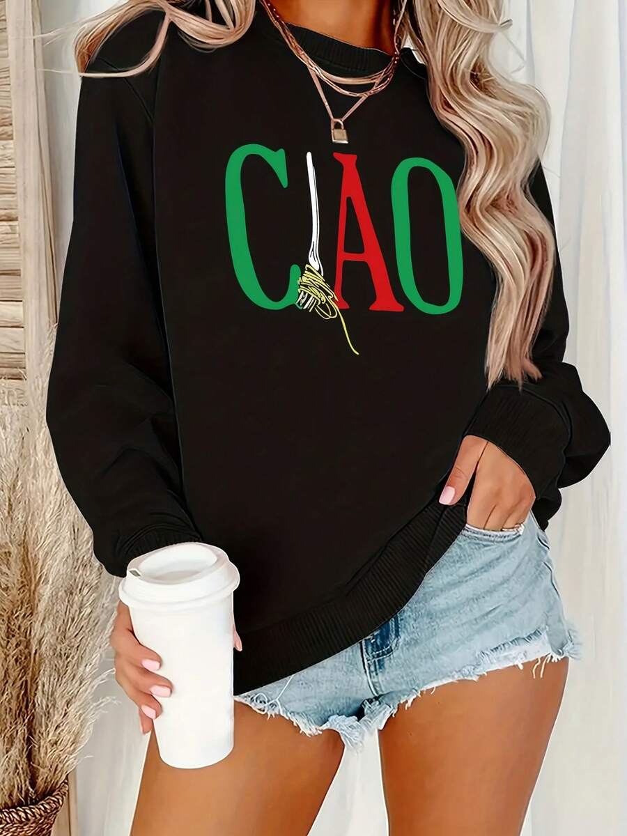 Italian Phrase Hello Pattern Printed Sweater, Women's Casual Long-Sleeved Round Neck Fall And Winter Sweater, Machine Washable Polyester, Plus Size Women's Clothing, Women's Sportswear Cheerleading - màu đen - Xem 1