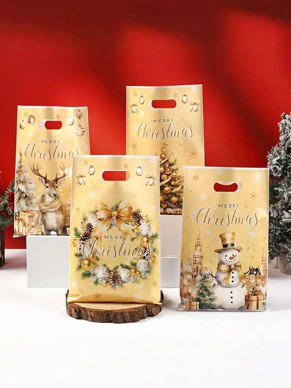 10/25/50 Fengrise Elegant Gold Vintage Christmas Gift Bags With Snowman, Reindeer, Pine Tree, And Winter Snowflake Designs - Durable Plastic Reusable Party Decorations With Gold Bows And Clear Top Openings, Perfect For Christmas, New Year, Or Winter Themes - Bulk Holiday Packaging (10/25/50 Count) - Festive Gold Bows And "Merry Christmas" Lettering, Ideal For Gift Wrapping And Party Decorations