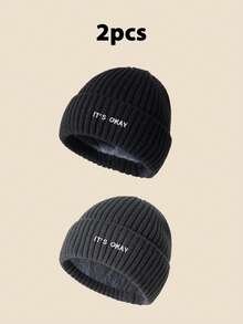 1pc Unisex "IT's OKAY" Embroidered Solid Color Knit Beanie, Men's Winter Thermal Lined Warm Cuffed Hat, Soft & Comfortable, Minimalist & Fashionable, Suitable For Cold Weather Winter Clothing - A - View 7