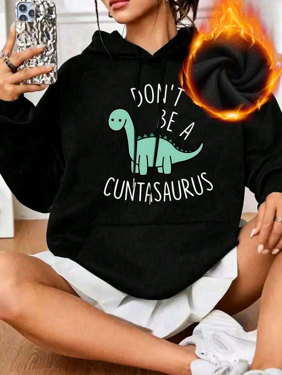 Cartoon Dinosaur Pattern Print Sweet And Gentle Temperament Fall Clothes Plus Size, Autumn And Winter Women's Plus Size Casual Dinosaur Pocket Drawstring Hoodie Fall Tops Women, Women's Fall Plus Size Clothes