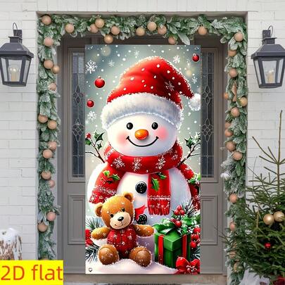 1pc Christmas Door Banner - Red Hat Snowman Scene, With Gift Box And Teddy Bear Pattern Design, Suitable For Christmas-Themed Parties, Photo Booth Photography Props, Indoor/Outdoor Decoration, Home, Wall, Courtyard Decoration, Christmas Ornaments, Anniversary Commemoration