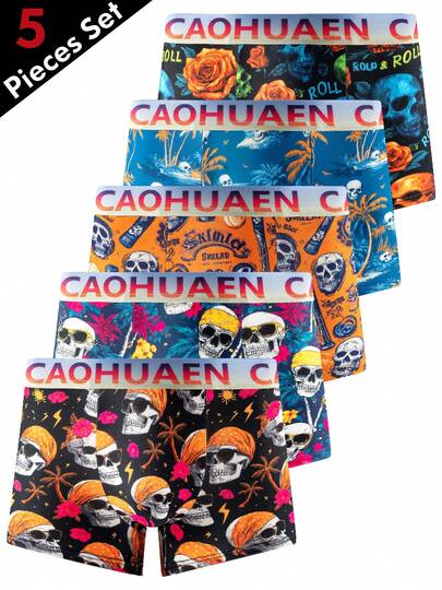 5pcs/Pack Men's Graffiti Print Breathable Briefs, Short Underwear