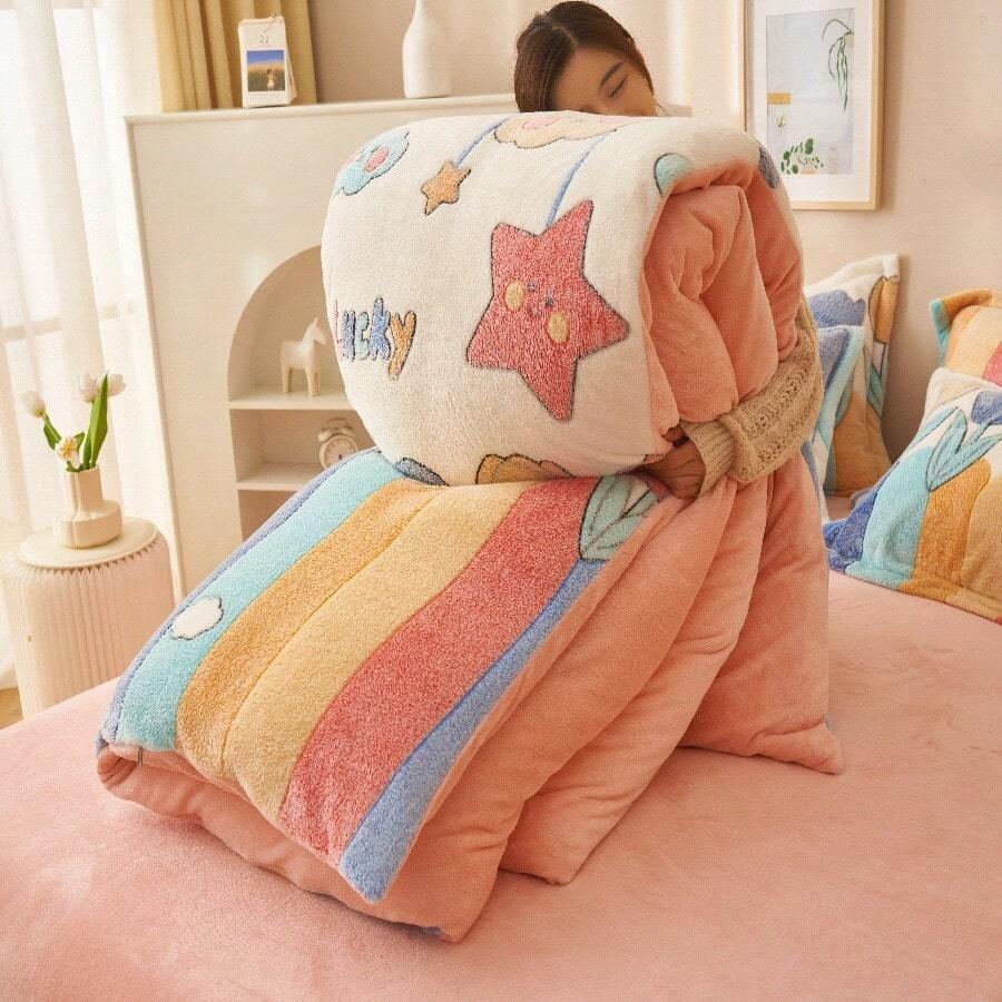 1pc Snowflake Fleece Floral & Cartoon Print Pink Duvet Cover, Warm & Reversible For Bedroom Bedding, Suitable For Spring, Autumn & Winter (Duvet Insert Not Included) - Pink - View 1
