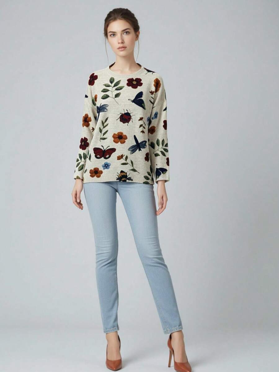 大码女式花卉和昆虫全身印花长袖落肩针织套头衫，罗纹针织袖口和下摆