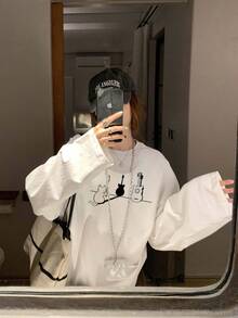 Women's Casual Loose Fit Round Neck Cat Print Long Sleeve T-Shirt, Versatile For Spring And Autumn