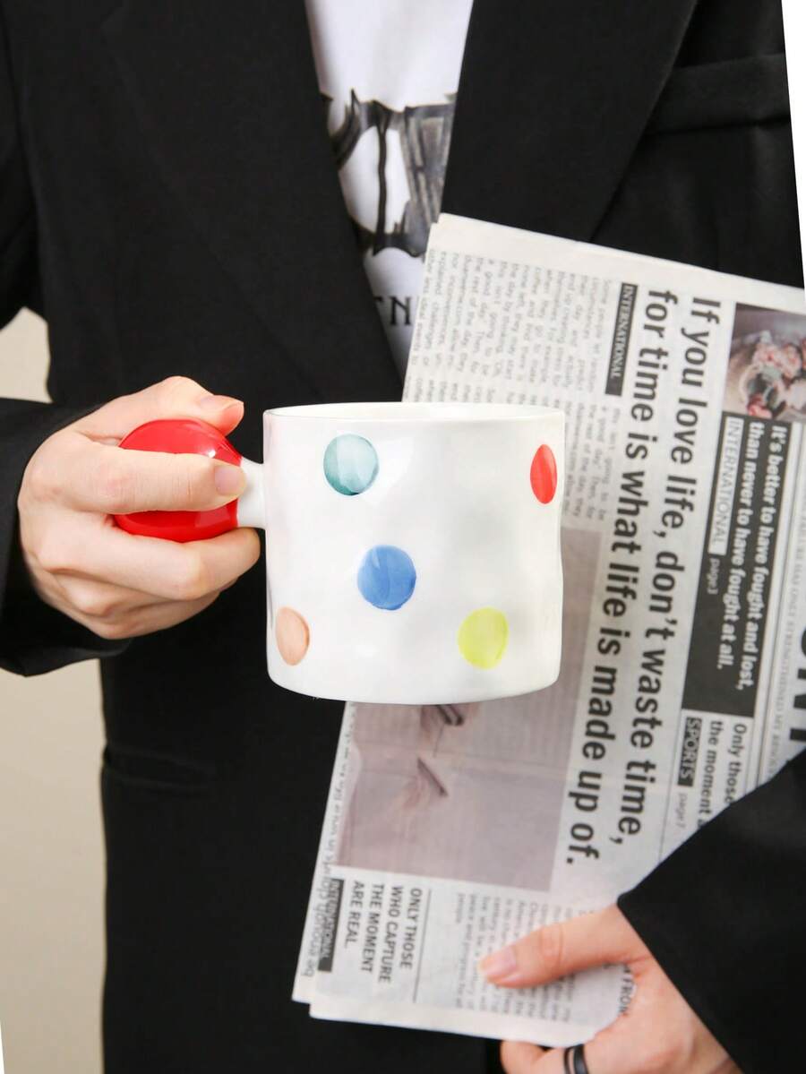 1个创意陶瓷马克杯，球形手柄，手绘点状图案，两种款式可选，适合家庭/餐厅使用，可作咖啡杯、牛奶杯，个性化礼品，女士礼品，妈妈礼品，生日礼品 - 彩色 - 查看 1