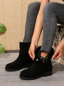 1 Pair Teen Boys Outdoor Autumn/Winter Fashion Casual Slim Retro British Style Pointed Toe Belt Buckle Short Ankle Boots - Black - View 3