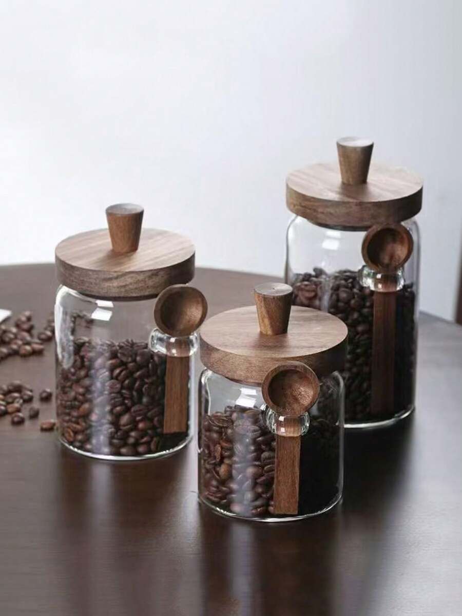 1 Stück/3 Stücke Kaffee-Bohnen Glas Luftdichte Vorratsdose, feuchtigkeitsgeschützte Küchen-Aufbewahrungsdose, Gewürz Kräuter Tee Blatt Behälter, hitzebeständiger transparenter Behälter, Kaffee-Bohnen Dose mit Löffel, luftdicht verschließbare Vorratsdose