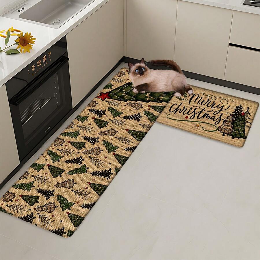 1 pièce Tapis de cuisine en lin imprimé motif sapin de Noël, cadeau de Noël, décoration de Noël, tapis de cuisine, tapis de sol, tapis de salle de bain, paillasson, rectangle imprimé en 3D, convient pour le salon, la chambre, le couloir, la salle de bain, la buanderie - Tapis en polyester, décoration d'intérieur et d'extérieur