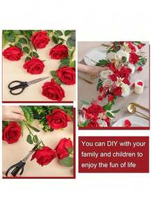 Buchet de mireasă artificial cu trandafir roșu, aranjament de flori artificiale, trandafir fals potrivit pentru cadou de Ziua Îndrăgostiților, petrecere de nuntă, decor pentru casă, cadou de ziua de naștere, decorare interioară/exterioară, vază decor floral DIY
