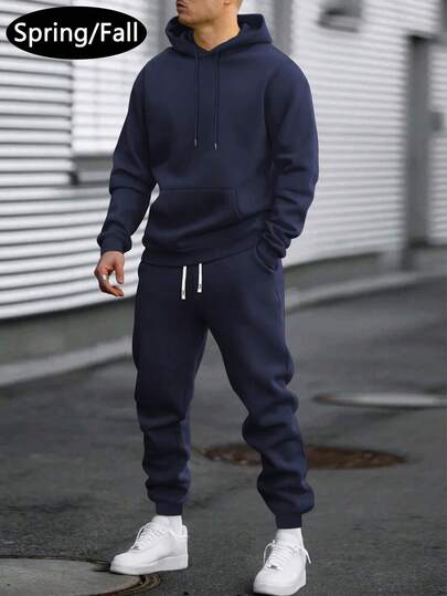 Men's Lightweight Regular Fit Hoodie And Sweatpants Set, Solid Color Basic Style, Fashion Casual Outfit With Pockets And Drawstring Waist, Suitable For Spring/Autumn, Great Gift For Husband/Boyfriend, Streetwear, Commuting, Outdoor Activities, Holidays