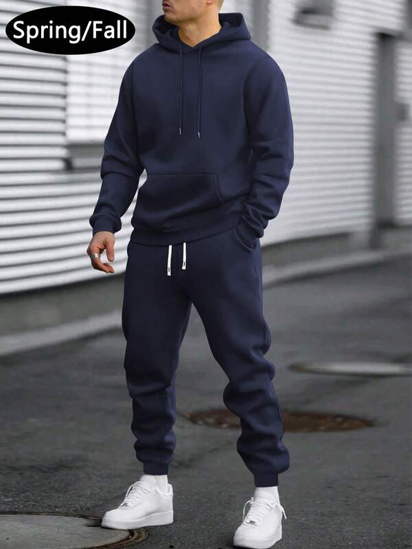 Set bărbătesc cu hanorac și pantaloni de trening, croială regulată, culoare solidă, stil simplu, ținută casual la modă cu buzunare și șnur în talie, potrivit pentru primăvară/toamnă, cadou excelent pentru soț/iubit, ținută de stradă, naveta, activități în aer liber, sărbători