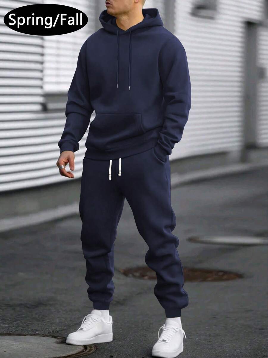 Men's Lightweight Regular Fit Hoodie And Sweatpants Set, Solid Color Basic Style, Fashion Casual Outfit With Pockets And Drawstring Waist, Suitable For Spring/Autumn, Great Gift For Husband/Boyfriend, Streetwear, Commuting, Outdoor Activities, Holidays