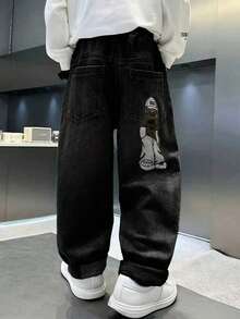 男童时尚保暖内衬卡通刺绣牛仔裤 - 黑色 - 查看 3