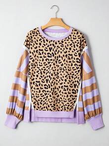 Acelitt 秋季女款紫色条纹拼接豹纹撞色宽松蝙蝠袖圆领休闲卫衣。如果您喜欢拼接款式，可以选择小一码。 - 彩色 - 查看 4