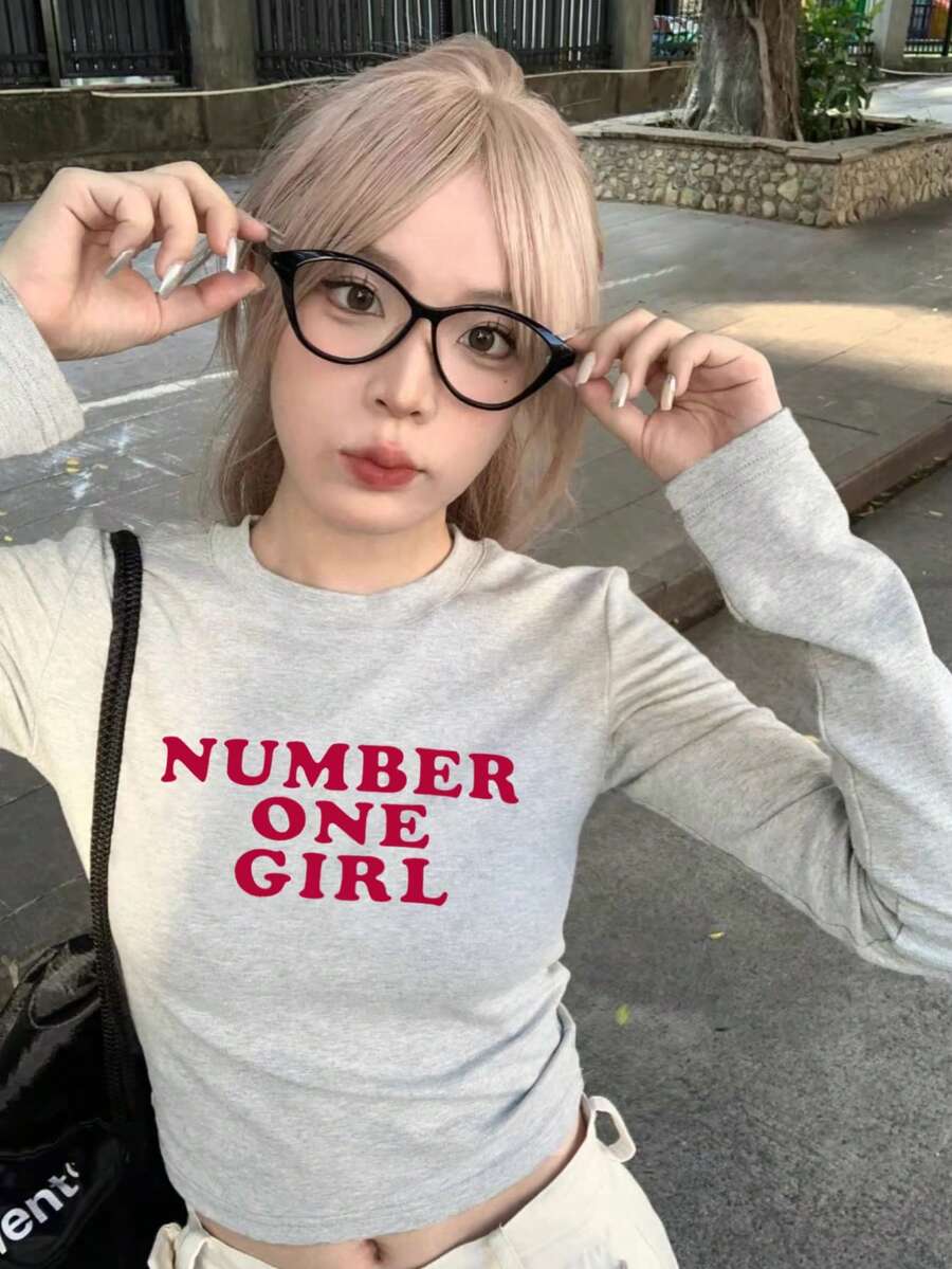 女式休闲英伦印花修身长袖T恤,春秋季 - 淺灰色 - 查看 1