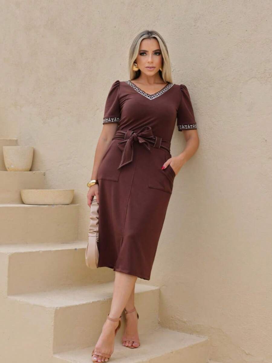 Women's Plus Size Set V-Neck Blouse Midi Skirt With Pocket Sweatshirt Elegant Evangelical Fashion Simple Office - 鏽棕色 - 查看 1