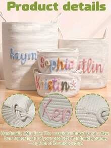 1个个性化姓名收纳篮，玩具和储物整理大号绳编篮，编织收纳篮，可用于存放玩具、衣物和毯子，多功能、装饰性强、可重复使用、精致、时尚、高品质、色彩丰富、现代、可定制、个性化、独特，适合情人节、母亲节、生日、父亲节、毕业典礼、婚礼、乔迁之喜等场合，传递精致浪漫，象征永恒的爱。 - 彩色 - 查看 5