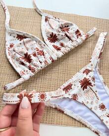 Printed Bikini Set, Summer Beachwear - Óxido marrón - View 2