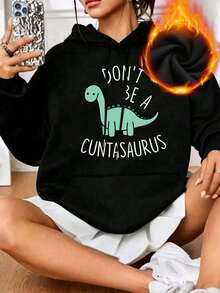 Cartoon Dinosaur Pattern Print Sweet And Gentle Temperament Fall Clothes Plus Size, Autumn And Winter Women's Plus Size Casual Dinosaur Pocket Drawstring Hoodie Fall Tops Women, Women's Fall Plus Size Clothes