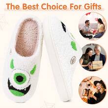 Cozy Plush Halloween Pumpkin Slippers, Non-Slip Fluffy Design - White Green - View 6