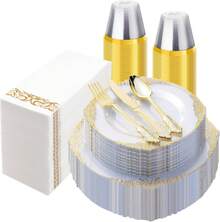 Zerulis 175 Pcs Plastic Plates, Clear And Gold Plates, Elegant Dinnerware Set For 25 Guests Include 25 Dinner Plates 10 Inch , 25 Dessert Plates 7 Inch, 75 Plastic Silverware, 25 Cups, 25 Napkins, Elegant Tableware Set For Wedding ,Party, Thanksgiving - 透明金 - 查看 1