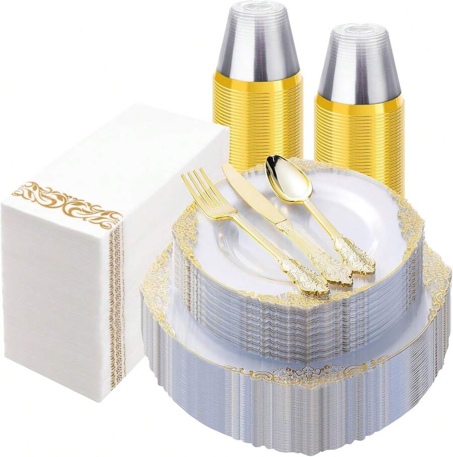 Zerulis 175 Pcs Plastic Plates, Clear And Gold Plates, Elegant Dinnerware Set For 25 Guests Include 25 Dinner Plates 10 Inch , 25 Dessert Plates 7 Inch, 75 Plastic Silverware, 25 Cups, 25 Napkins, Elegant Tableware Set For Wedding ,Party, Thanksgiving - 透明金 - 查看 1