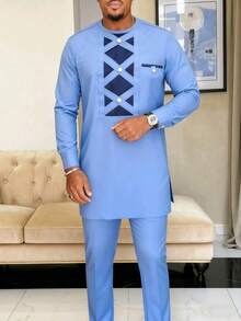 2025 New Men's Wedding Set: Two Pieces Set, Long Pants, T-Shirt Set, Men's Elegant Set, Patchwork Round Neck Classic Men's Social Set, Evening Dress, African , Casual Men's Traditional Clothing - Blue - View 1