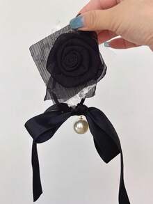 1pc Rose Bow Elegant Polyester Hair Scrunchie, Versatile French Style Pearl Bow Hair Tie Ponytail Holder For Women ,Ponytail Holders ,Hair Elastics ,Hair Rubber Bands ,Scrunchies ,Hair Rope ,Elastic Hair Tie - Multicolor - View 6