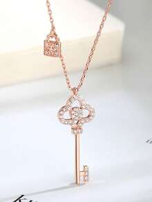 1 件欧美风格简约钥匙锁吊坠项链，适合女士，时尚办公室女士短链微镶方晶锆石锁骨项链 - 項鍊 - 查看 7