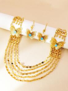 3pcs Elegant & Luxurious Gold Long Necklace And Earrings Set, Hollow Faux Turquoise Jewelry Set, Suitable For Women's Daily, Party, Wedding, Holiday As Gift - Yellow Gold - View 7
