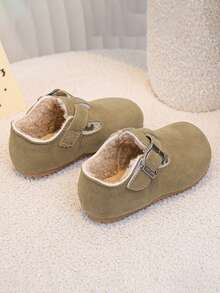 1 Pair Children's Shoes With Metal Buckle Decoration, Warm, Casual Shoes, Retro Style, Children's Thermal Lined Casual Shoes, For Daily Travel - Khaki - View 5