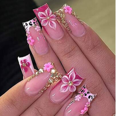 Set de 24 uñas postizas de estilo Y2K Baddie de longitud media-larga, con estampado de leopardo rosa dulce, manicura francesa y decoración de cristales florales 3D, adecuado para niñas/mujeres para uso diario, fiestas y celebraciones