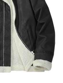 仿保暖内衬复古加厚领长袖夹克，时尚休闲百搭男士外套 - 黑色 - 查看 5