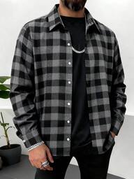 Men's Long Sleeve Brushed Plaid Shirt, Business Casual, Black & White, Autumn/Winter
