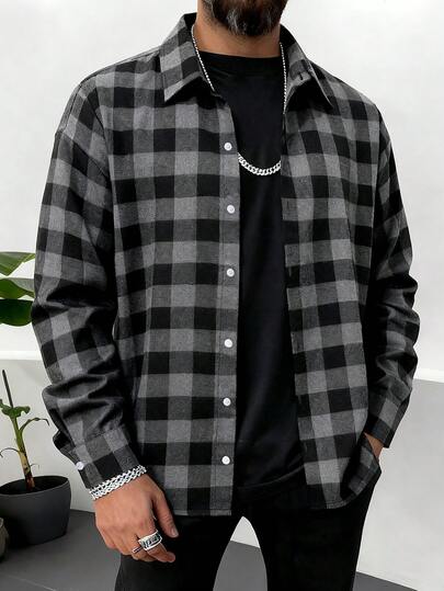 Men's Long Sleeve Brushed Plaid Shirt, Business Casual, Black & White, Autumn/Winter