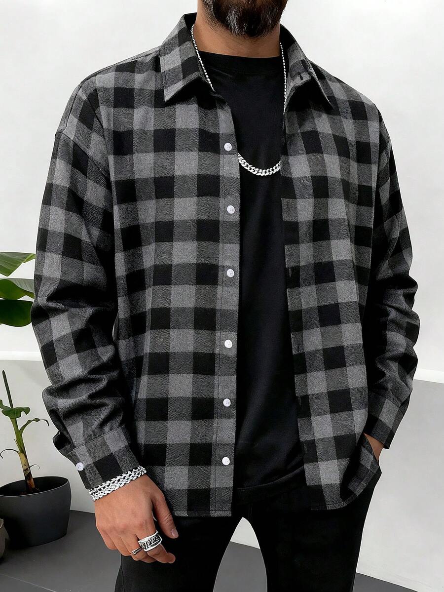 Men's Long Sleeve Brushed Plaid Shirt, Business Casual, Black & White, Autumn/Winter - Grey - View 1
