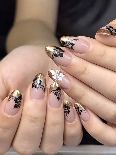 24pcs Medium Almond-Shaped, Press-On Fake Nails Set, With A Matte Finish And A Gold Edge For A French Floral Look, High-End, Acrylic Full Cover Overlay Manicure Kit, Perfect For DIY Art Supplies. Includes A Piece Of Jelly Glue And A Nail File, Suitable For Daily Wear, Parties, Dancing, And Gift-Giving.