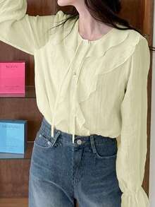 2026春秋新款荷叶边袖口长袖女式衬衫 - 杏色 - 查看 2