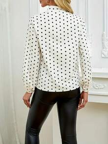 Women's Elegant Polka Dot Print Bowknot Collar Long Puff Sleeve Blouse, Fashion Top For Spring, Summer, Autumn, Machine Washable, Fitted Style, Delicate Appearance, Dot Tie-Front Button Up Casual Wear