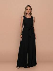 Elegant Linen Pantaloon Jumpsuit With Wide Legs And Discreet Pockets. TAILORED OVERALL WITH POCKET AND BELT. - 黑色 - 查看 1