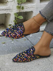 Plus Size 35-45 Pointed Toe Flat Slip-On Mules, French Soft Bottom Rainbow Sequin, Suitable For Summer & Autumn Outdoor & Daily Wear Women Flat Sandals - Purple Rainbow Sequins - View 3