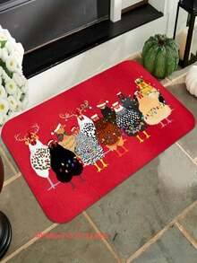 1pc New Christmas Chicken Pattern Doormat, Suitable For Living Room, Bedroom, Indoor - Machine Washable - Flannel Material, Delicate Wrap, Skin-Friendly, No Pilling, Slightly Water-Resistant Easy Care, Odorless - Ideal For Home Decor, Room Decoration