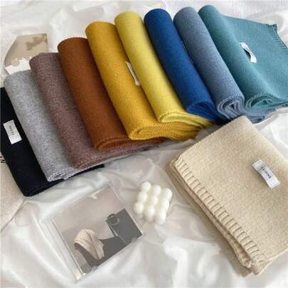 1pc 100% Wool Knitted Solid Color Long Scarf, Fashionable Pashmina Shawl, Comfortable & Versatile For All Seasons, Warm & Soft For Autumn/Winter, Elegant For Daily, Formal, Travel, Office, Wedding & Gift