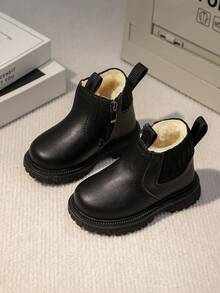 最新时尚儿童短靴，幼儿鞋平底侧拉链冬季新款真皮男童靴女童靴婴儿靴 - 黑色 - 查看 3