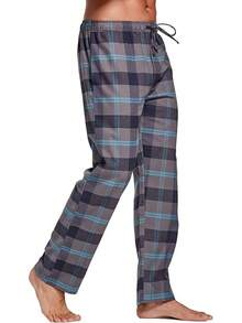 Men's 100% Cotton Super Soft Flannel Plaid Pajama Pantshalloween - 灰色海軍格子 - 查看 7