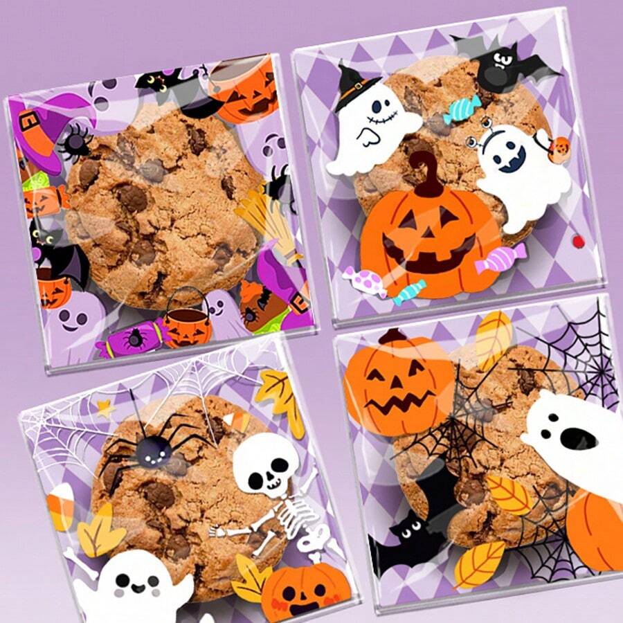 50Pcs/100pcs Cartoon Halloween Pumpkin Ghost Spider Bat Self-Seal Gift Bags,Cookie Candy Bag,Trick Or Treat,Party Favor,Assorted Patterns Treats And Snacks Bags For Halloween Party,Halloween Decoration