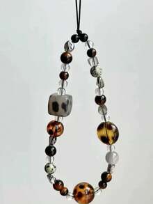 Retro Brown Leopard Print Cat Beaded Phone Lanyard, Elegant Short Wrist Strap Beaded Chain Camera Charm Pendant For Women - 棕黑色 - 查看 3