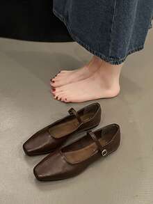 春秋新款方头玛丽珍平底鞋，法式风格，防滑软底休闲女鞋 - 棕色 - 查看 3